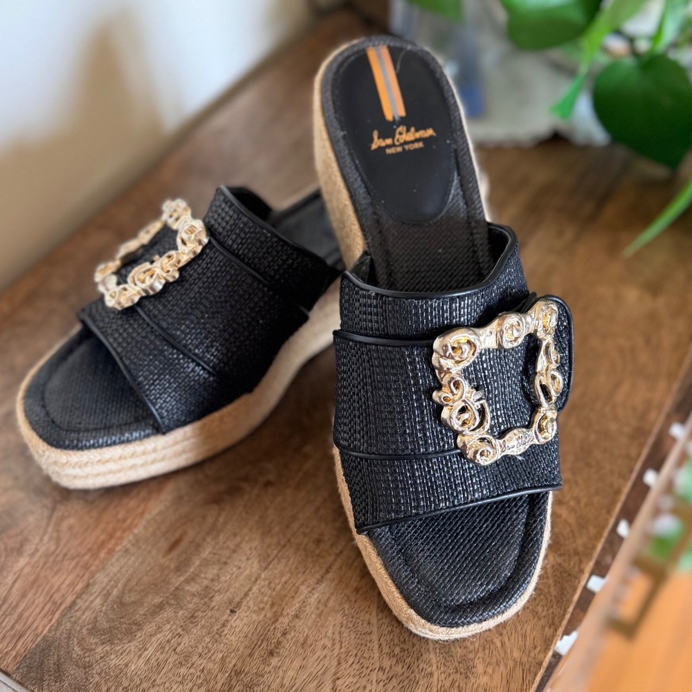 Sam‎ Edelman Adaley Black Raffia Platform Slides Resort Coastal Luxe 11